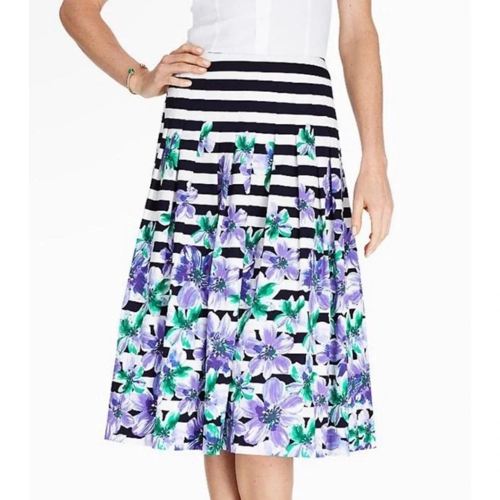 Talbots Petites Floral‎ Striped Pleated A-Line Skirt Navy White Purple 14P EUC